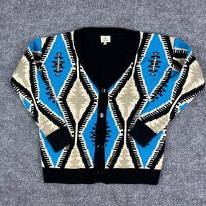 Hot & Delicious Cardigan Womens M/L Aztec Knit Blue Black Beige Button Up Boho